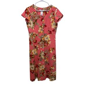 Clues New York Coral Floral Button Front Linen Blend Dress Size 8P